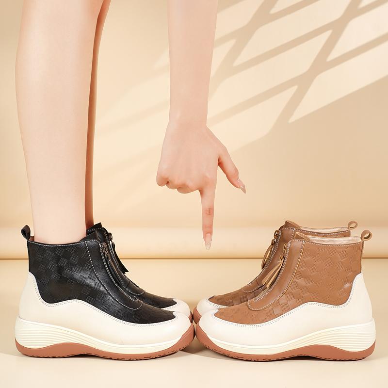 Chaussures de Sport à Plateforme pour Femmes Décontractées Bottines Noires en Cuir Chaussures à Semelle Compensée Baskets Hautes à Hauteur Augmentée