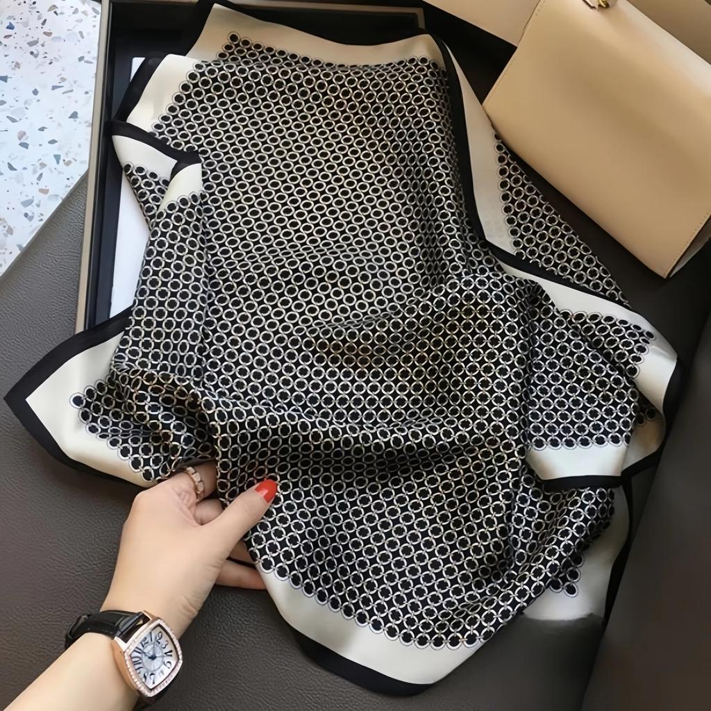 New Elegant Soft Satin Square Scarf For Women Stylish Round Ring Print Versatile Bandana Elegant Style Sunscreen Headscarf