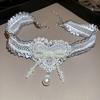 French Pearl Bow Lace Heart Necklace for Women Fabric Hollow Pendant Collarbone Chain Elegant High-End Lolita Dress Accessories