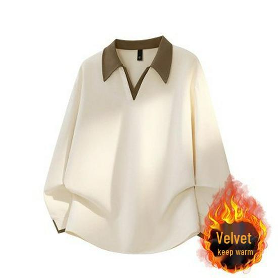 Men's Retro Color Block V-Neck Patchwork Hoodie Polo – Commuting Versatile Long Sleeve Top for Autumn/Winter