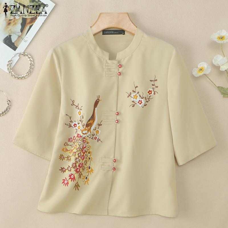 ZANZEA Bluză de vară casual pentru femei cu guler înalt și mâneci 3/4 cu imprimeu