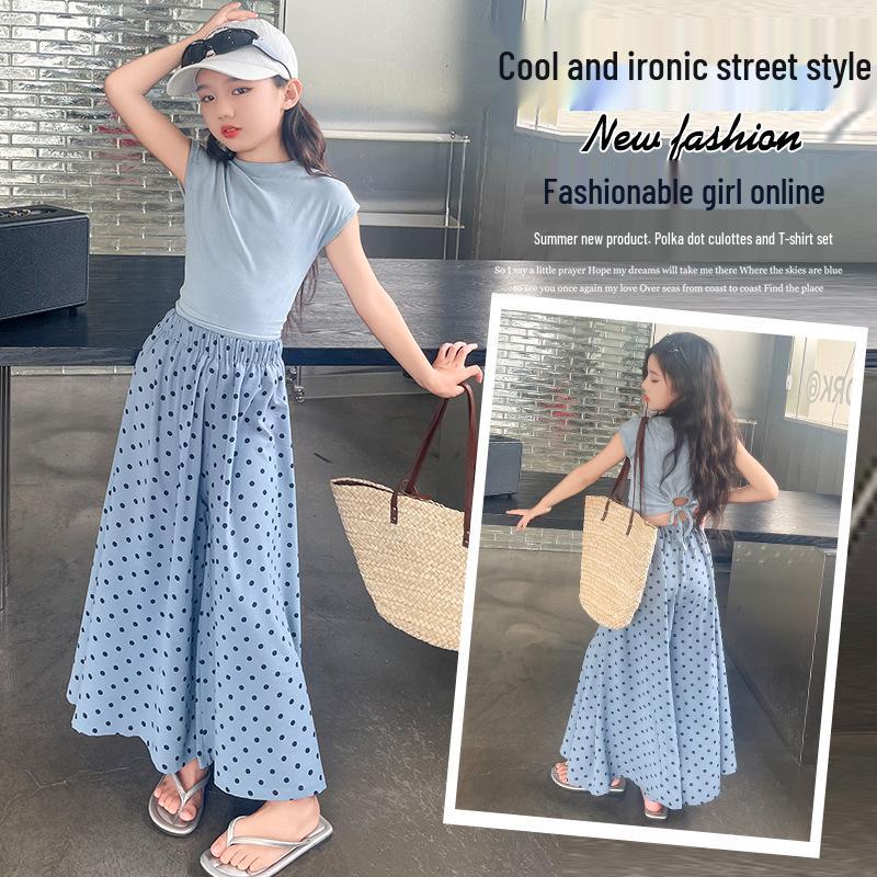 

Летний модный комплект-двойка для девочек 2025: Платье с коротким рукавом и юбка-брюки 150 cm синий