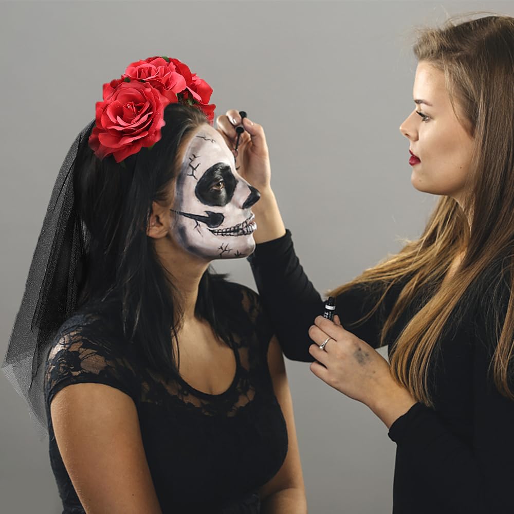 NODG Day of the Dead Headband, Retro mesh carnival head button, Halloween day rose flower party hair accessories headband black female