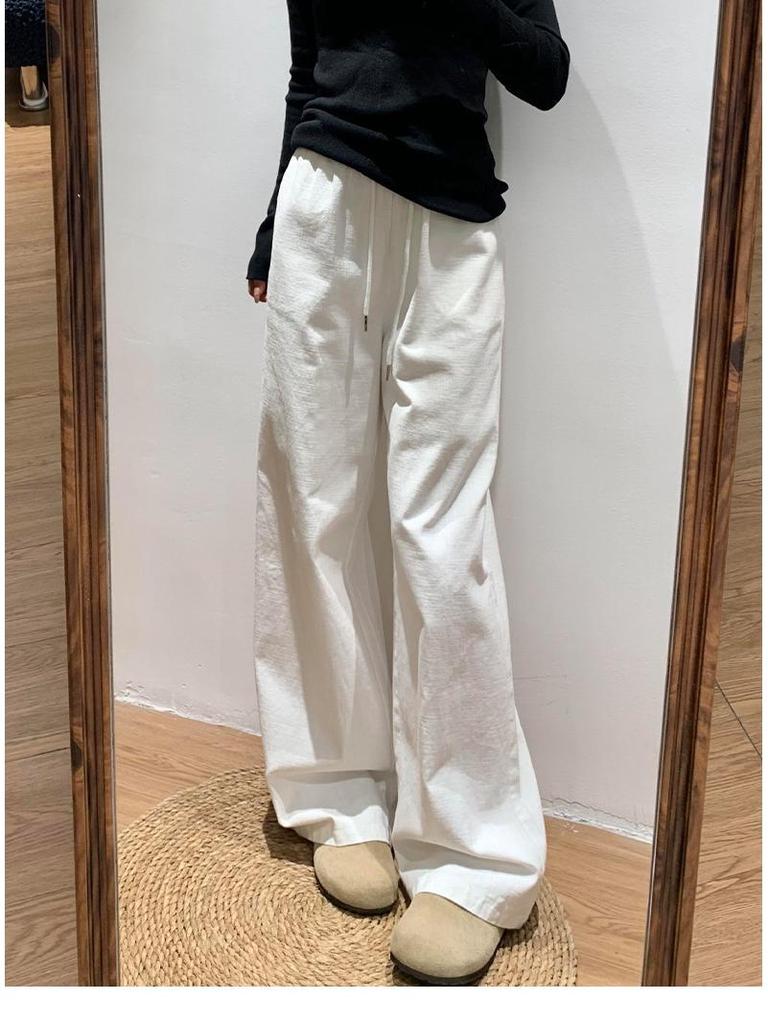 Women's White Wide-Leg Pants - Spring/Autumn 2025, Loose Cotton-Linen Denim, Floor-Length Casual Style