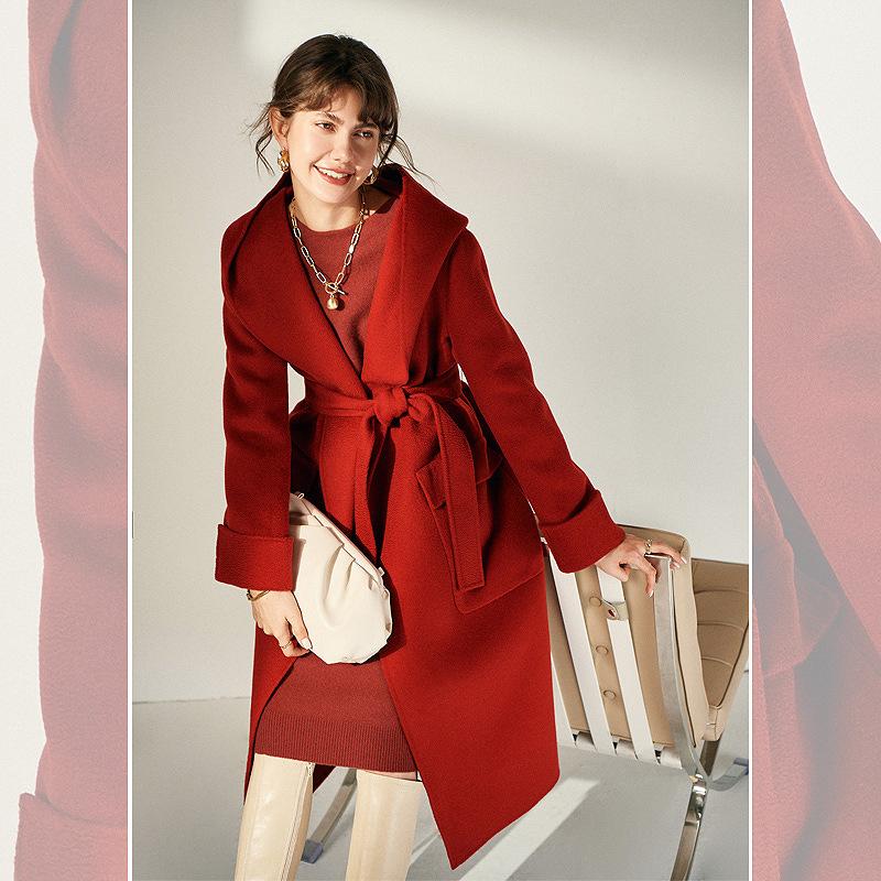 Double-sided Cashmere Coat for Women's Autumn and Winter New Bathrobe-style Lace-up Waist Hooded Water Ripple Medium and Long Coat