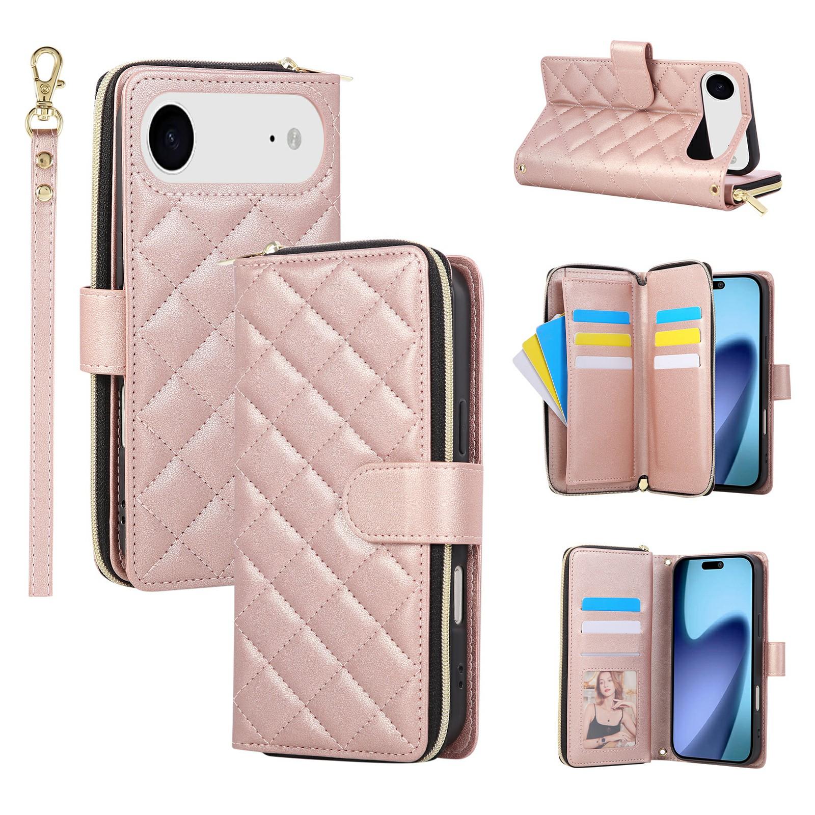 

For iPhone 17 Air Case Zipper Wallet Rhombus PU Leather Crossbody Phone Cover Rose Gold