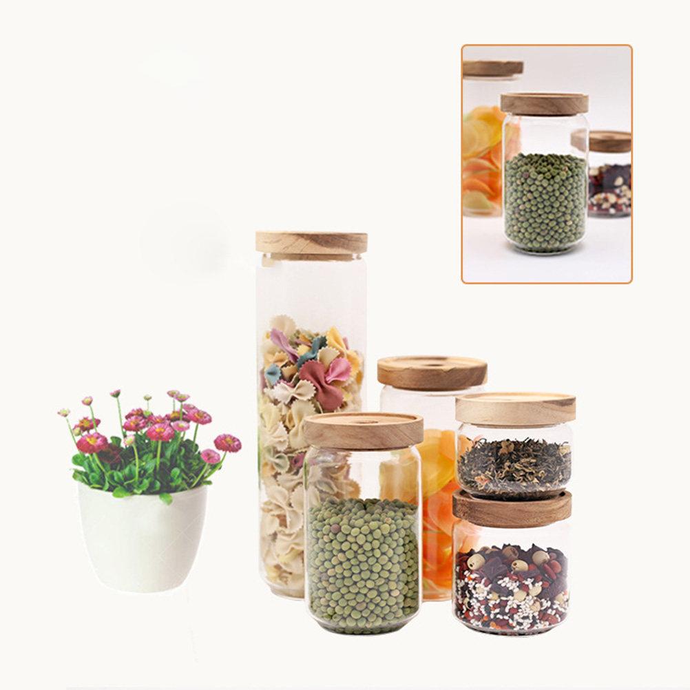 Transparent Heat-Resistant Glass Storage Tank 500Ml Wooden Lid Sealed Jar for Kitchen Spices Tea Coffee Grains Storage