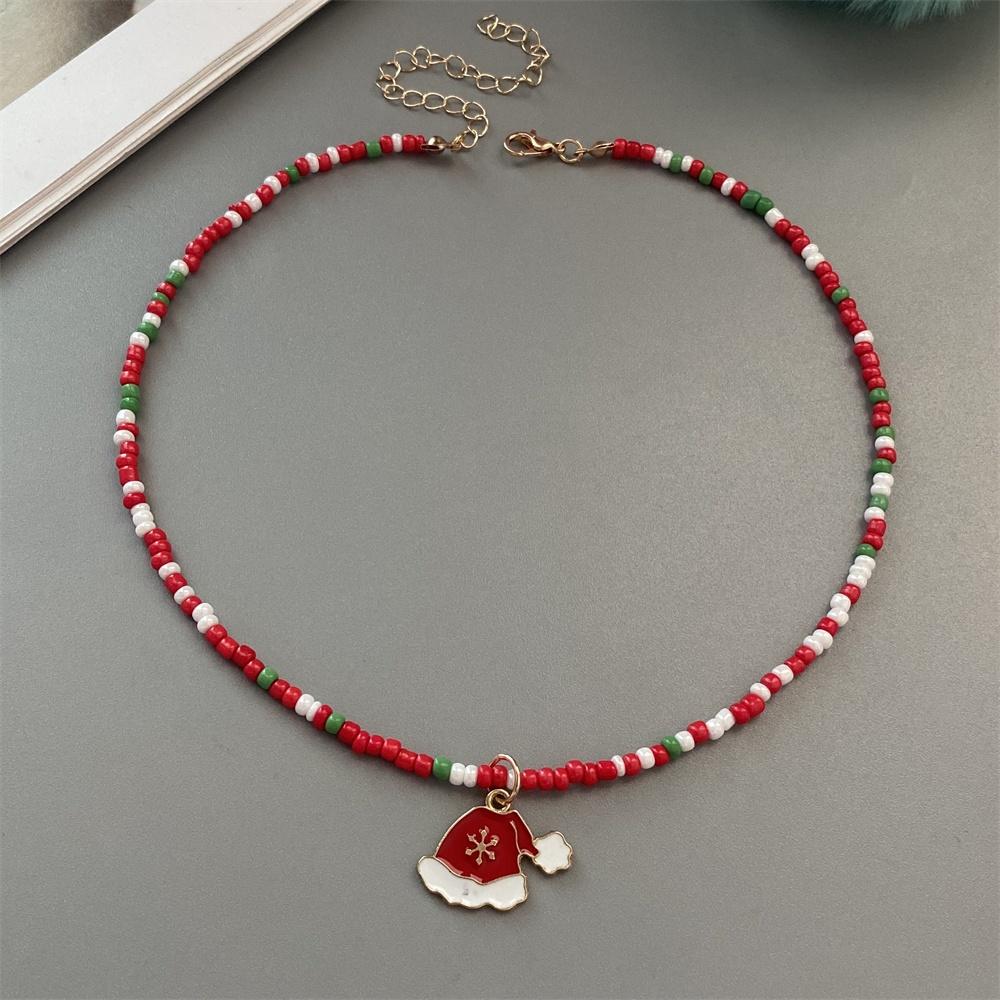 Christmas Necklaces for Women Girls Handmade Rice Beads X'mas Tree Santa Claus Snowman Gift Necklace Pendant New Year Jewelry
