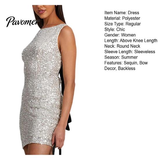 Slim Waist Design Dress Women Evening Prom Cocktail Party Sequin Mini Bow Backless Fit Sleeveless Round Neck Short for Actress Celebrity Lightweight