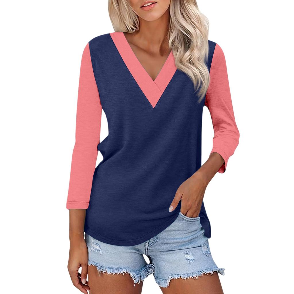 Women's Casual Fashion Sexy Comfortable V-neck Stitching Color Three-quarter Sleeve Top