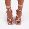 2021 Women's Fashion High Heels: Apricot Roman Lace-up, Thin and Thick Heels, Summer Square Toe, Large Size
