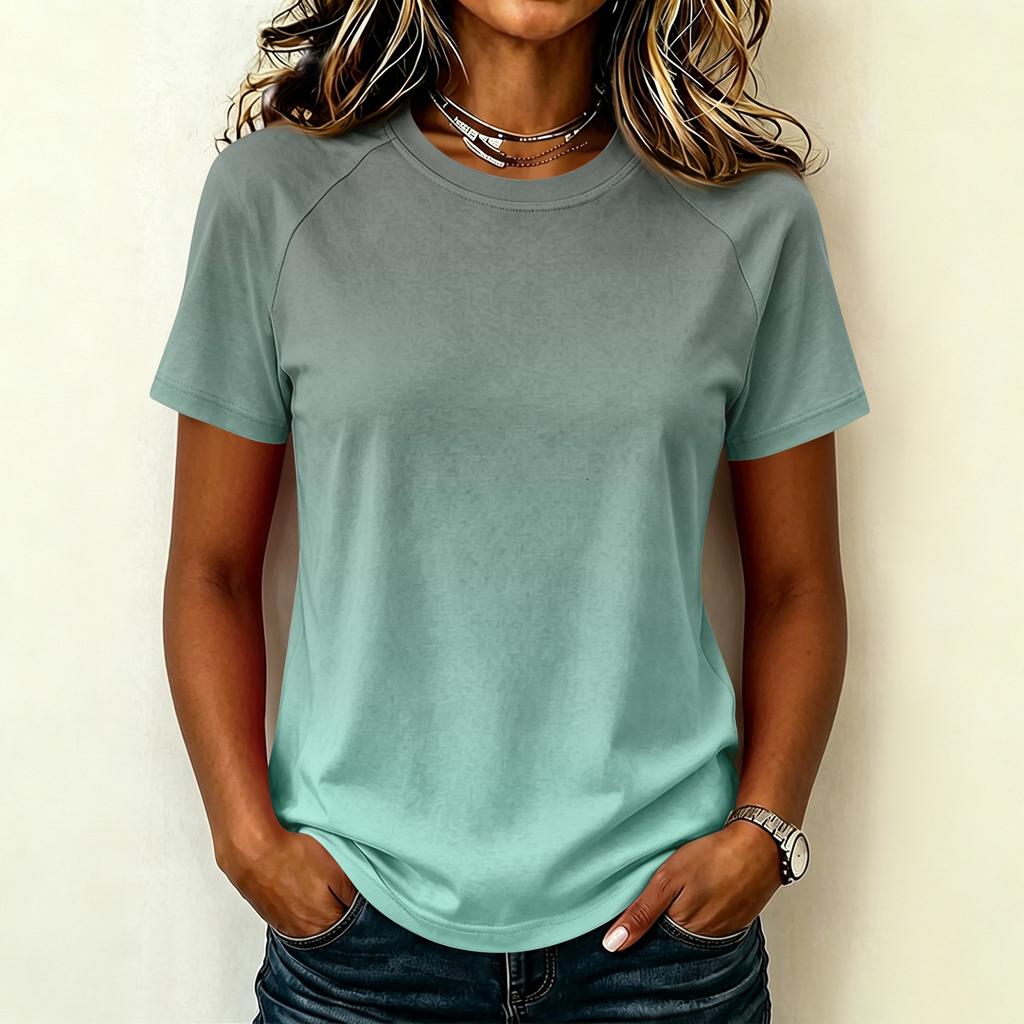 Women's Casual Raglan Sleeve Crew Neck Short Sleeve Top Gradient Print Lightweight Soft Fabric Relaxed Fit