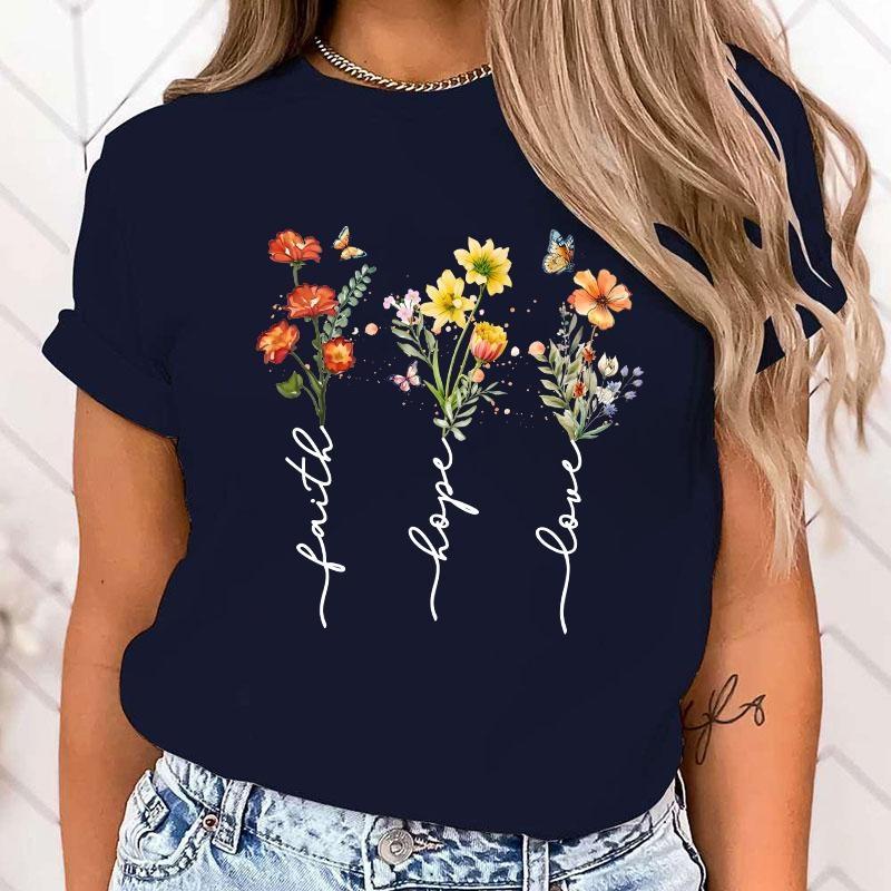 Women's Blouses Faith Hope Love Flower Letter Print T Shirt Women Summer Short Sleeve Fashion Summer Casual T-shirt