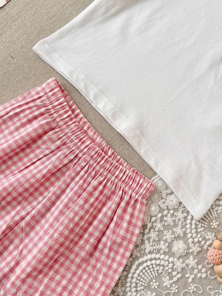 Girls' Plaid Heart Embroidered Short-Sleeve Two-Piece Set
