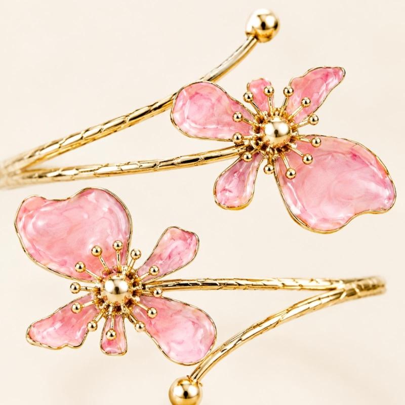 Openwork Upper Arm Cuff with Two Irregular Flowers, Intersecting Gold-Tone Bands, Rounded Ball Ends, and Clasp-Free Wear