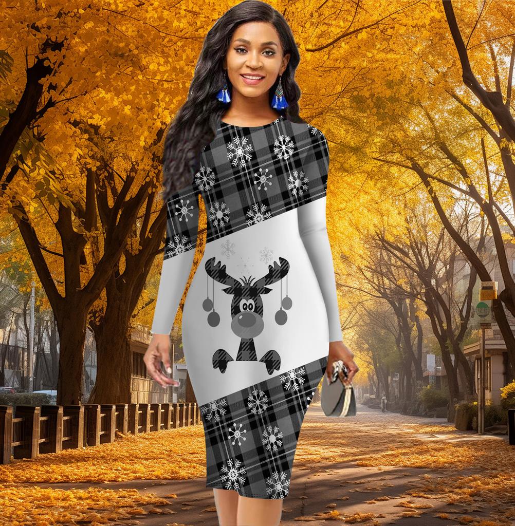 Long Sleeve Waist Tight Office Slim Fit Cartoon Animals Printing Elegant Bodycon Dress