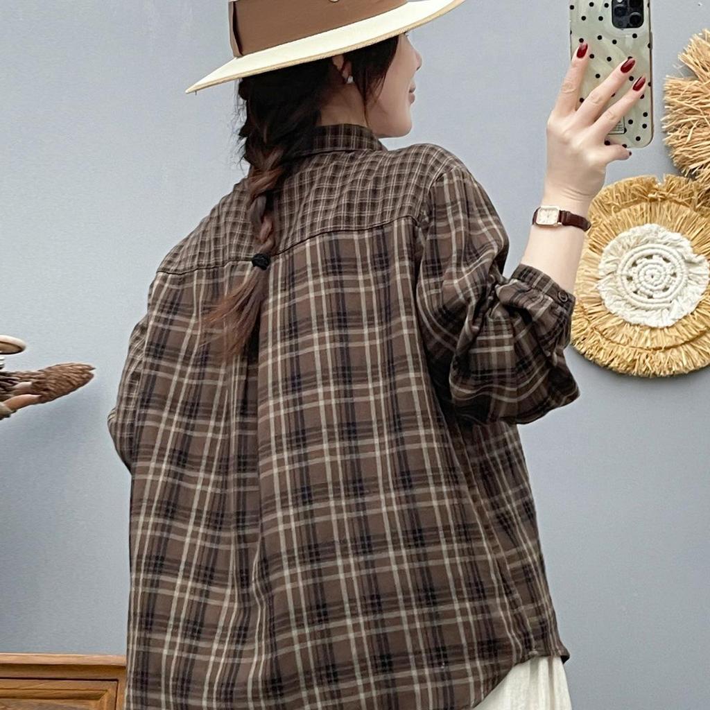 Spring 2026 Fresh Plaid Double Layer Cotton Gauze Long Sleeve Women's Slimming Shirt
