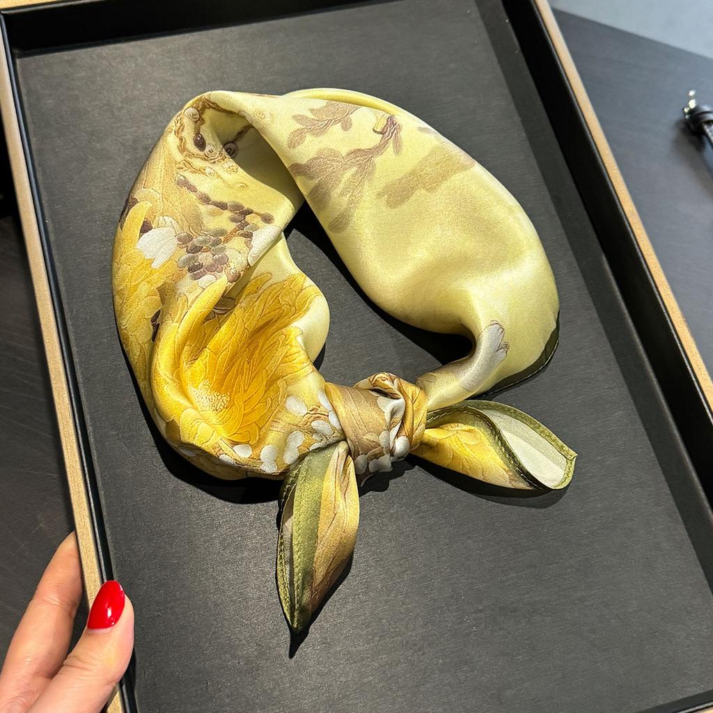 Luxury 100% Mulberry Silk Scarf Women Gold Floral Print Bandana Shawl Lady Neckerchief Handkerchief Female Decorative Wrap 53cm