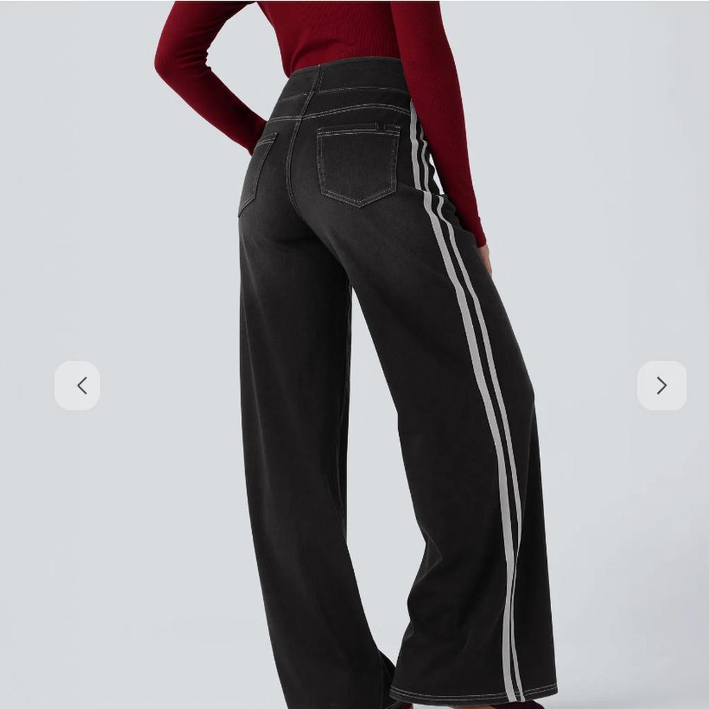 Women's Retro Side Stripe Baggy Wide Leg Jeans, Trendy Double Stripe Long Denim Pants for Casual Street