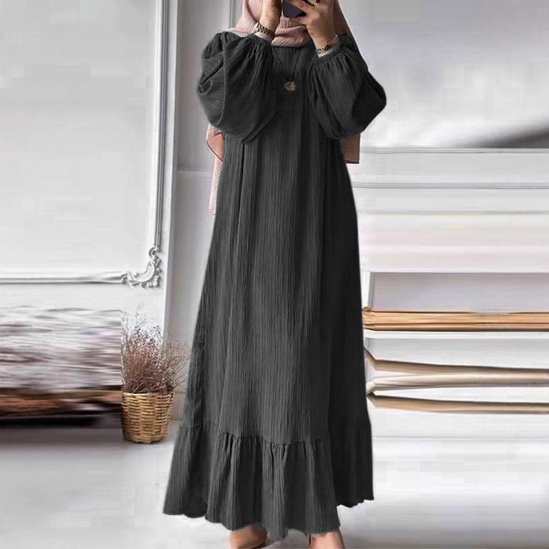 Muslim Women's Retro Long Sleeve Ruffle Hem Dress for Spring & Autumn