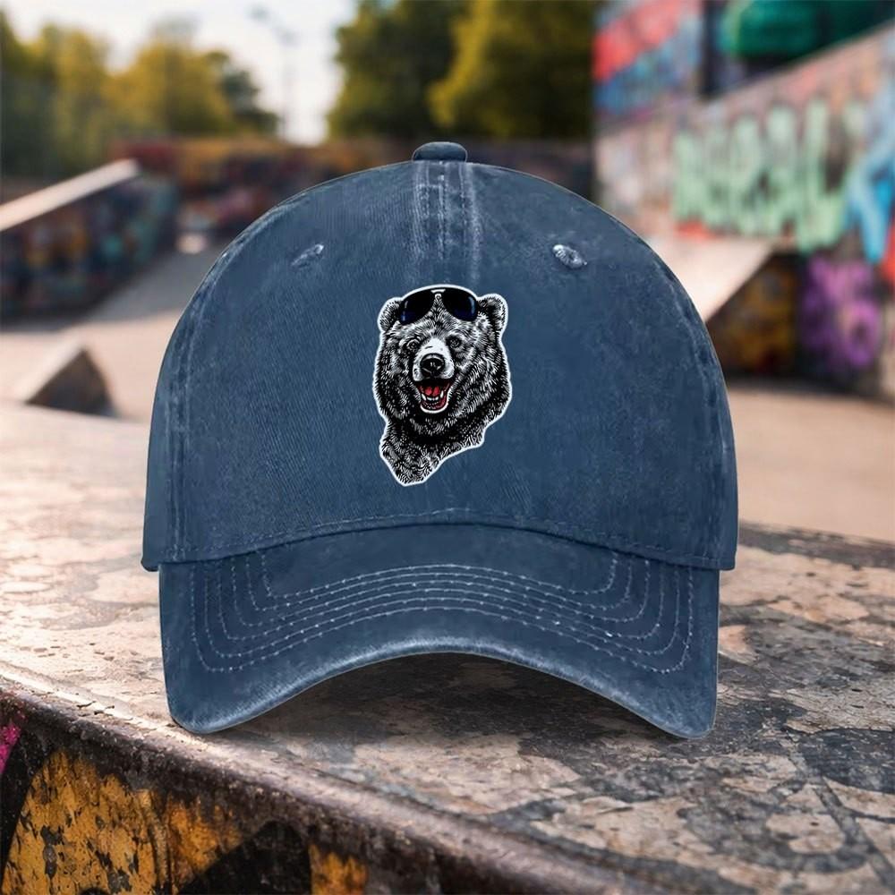 Cool Bear With Sunglasses Washed Baseball Cap Premium Cotton Outdoor Adjustable Unisex Hat