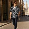 Men’s Spring Summer Casual Shirt Cotton Linen Short Sleeve Button Down Collared Top with Abstract Print Lightweight Relaxed Fit