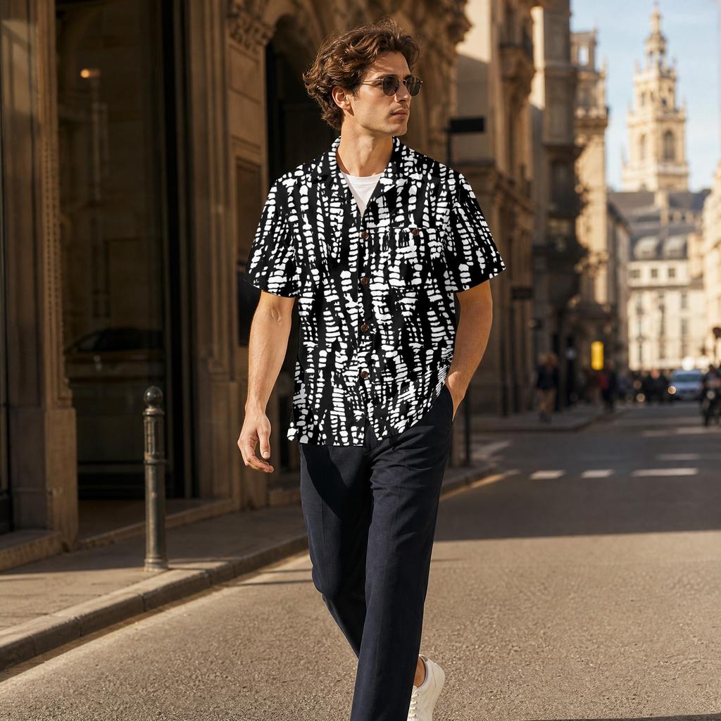 Men’s Spring Summer Casual Shirt Cotton Linen Short Sleeve Button Down Collared Top with Abstract Print Lightweight Relaxed Fit