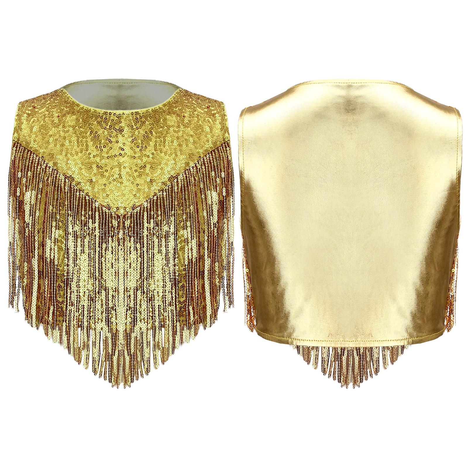 

Детский костюм для диско-танцев 70-х Топ Блестящие металлические пайетки Круглый вырез Без рукавов Украшение-кисточка на груди для сцены, тематической вечеринки, косплея 5-6 Years золотой