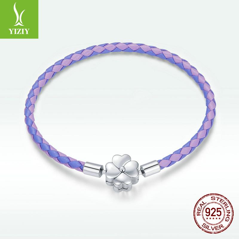 S925 Silver Purple Leather Lucky Bracelet, Dream Girl Leaf Diy Basic Single Bracelet.