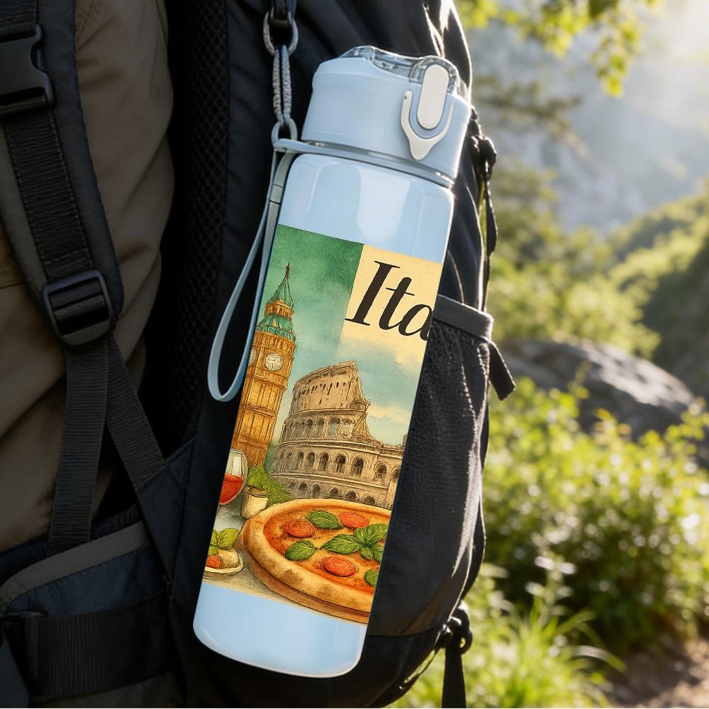 1PC Italy Pizza Tower Travel Poster 750ml Color Plastic Sports Water Bottle Leakproof Flip Straw Lid For Sports Office Home Use