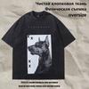 T-shirt a manica corta lavata effetto invecchiato con stampa Doberman, Direct Spray, High Street, Brand Trendy Retro Americano, Maglietta a mezza manica da uomo e da donna