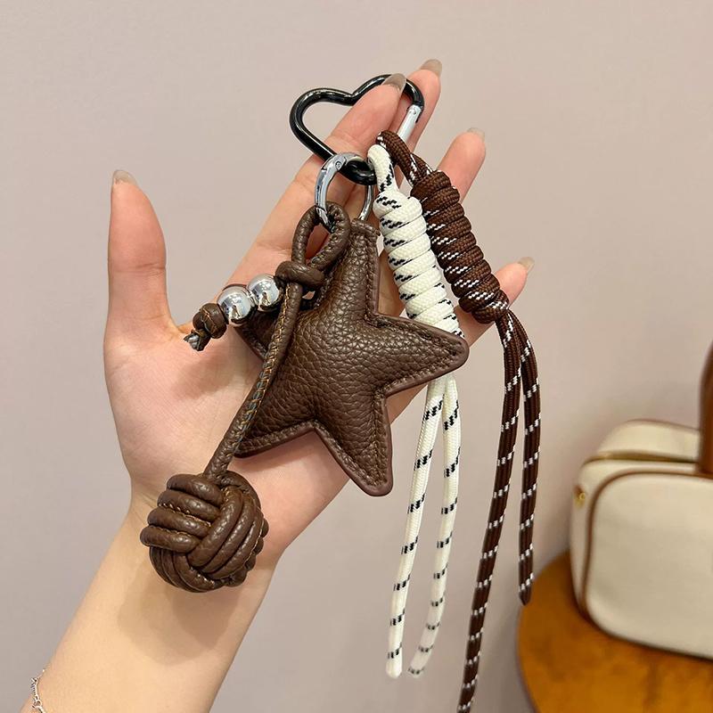 Bag Charm PU Leather Five Pointed Star Bag Pendant Woven Rope -Lost Leather Star Girl Sporty