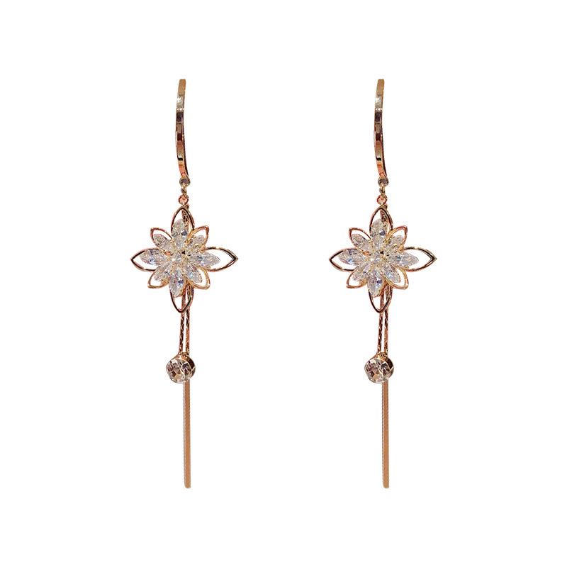 Zircon Flower Tassel Earrings, Korean Style, S925 Silver Needle, Slim Face Design