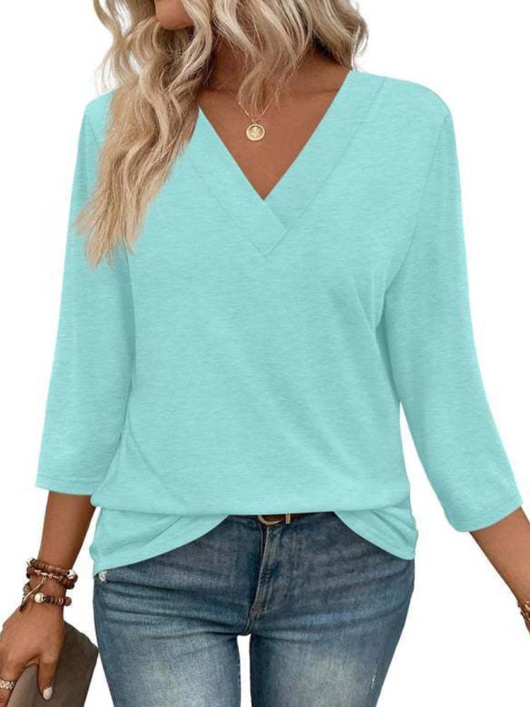 Dámský top s V-výstřihem a 7/8 rukávem, ležérní dámské pletené tričko se zavazováním v pase
