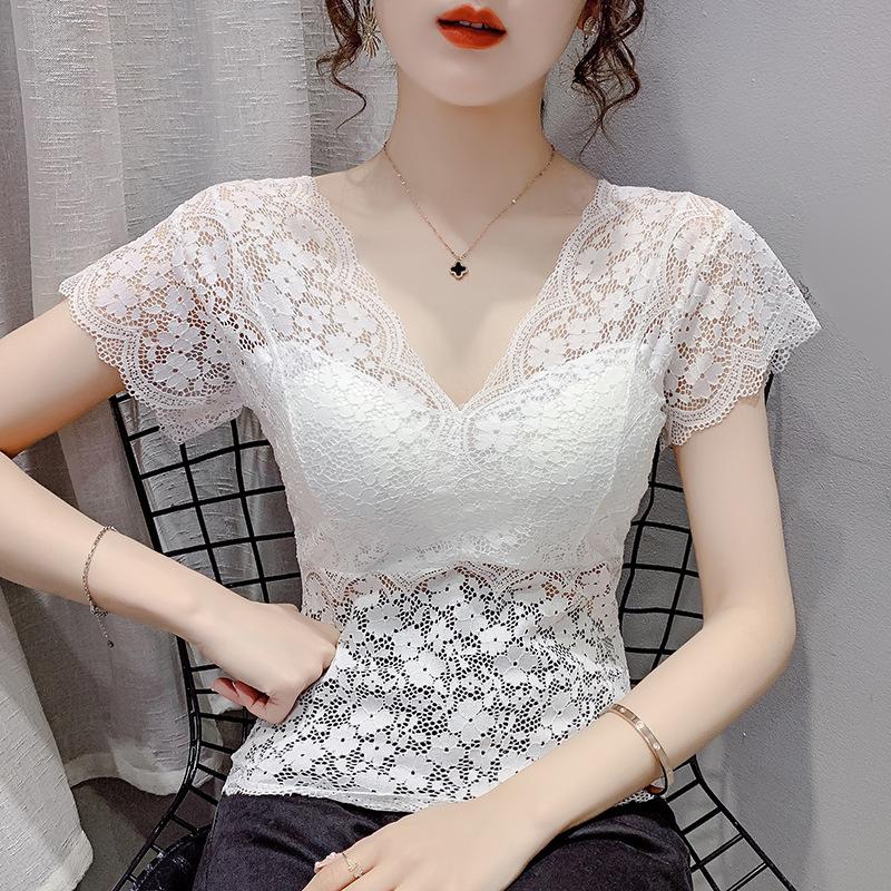 Damen Kurzarm Spitze Oberteil V-Ausschnitt Elegant Schlanke Passform Bluse für den Sommer