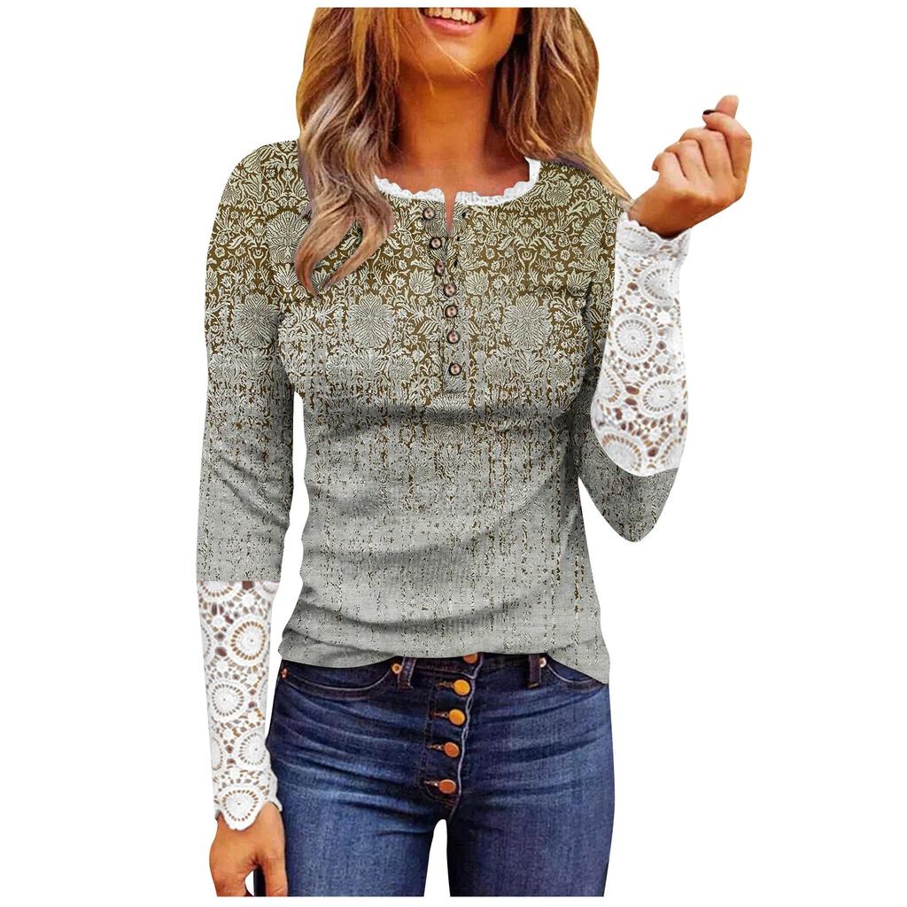 Women's Round Neck  Slim Printed Stitching Lace Long Sleeve Top