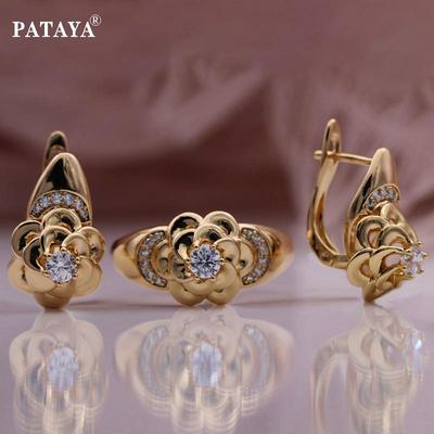Metall Blume Ohrringe Ring Set Rose Gold Farbe Hochzeit Kreative Künstliche Zirkon Trend Ungewöhnliche Frauen Set