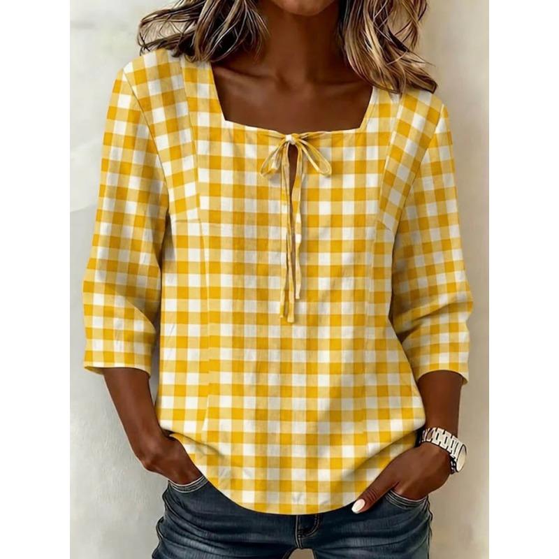 Women S Fashion Square Neck 3 4 Sleeve Casual Shirt S жёлтый