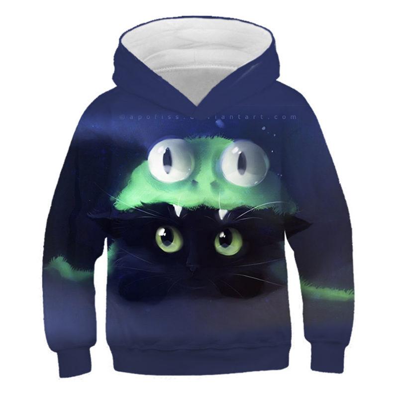 2025 Children 3D Hoodies Boys Girls Lovely Black Animal Cat Print Hooded Sweatshirts Kids Pullovers Clothes Tops