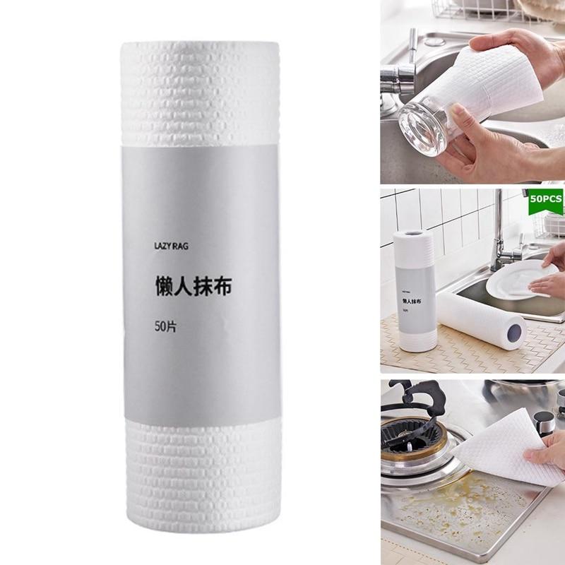 

50 шт./рулон, ленивая тряпка, одноразовая ткань для чистки, нетканая ткань для мытья посуды, впитывающее бумажное полотенце, кухонные чистящие средства, тряпки