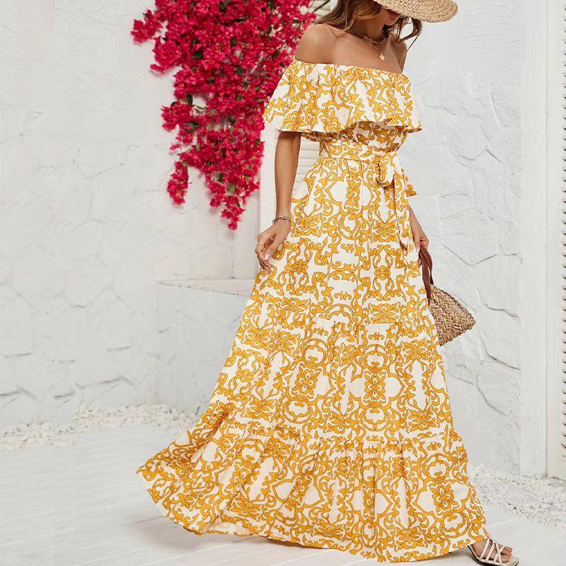 Women's Dress Summer European and American New Women's Clothes off-Shoulder Short Sleeve Print Ruffles Maxi Dress