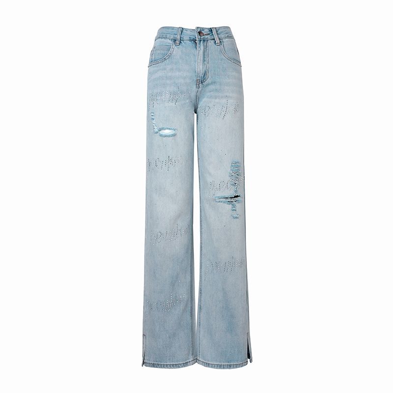 Spring Summer Rhinestone Ripped Split Hem Narrow Wide Leg Slim Straight Trendy Floor Denim Pants Women Casual Pants Oversize Denim Trousers