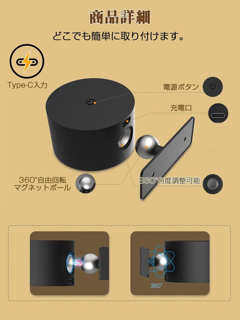 LED Spotlight, Wall-Mounted, Ceiling-Mounted, 360° Lighting Angle, Cordless, Tpye-C Rechargeable, Kitchen Light, Japanese Instruction Manual