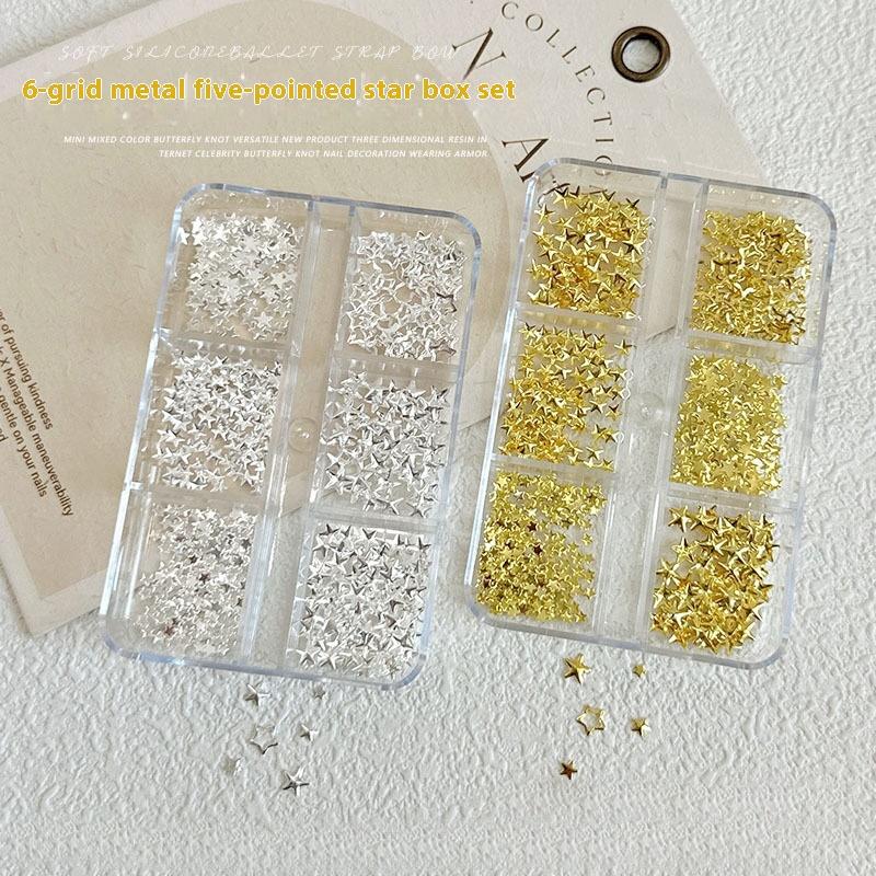 6 Grids Metallic Gold Silver Nail Art  Pentagrams Rivet Decor Manicure Charms Flatback Nail Accessories Nail Parts