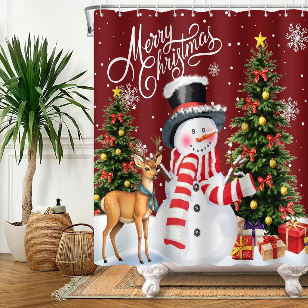 Söt snögubbe älg julduschdraperi med julgran & presentförpackningsdesign, snöflinga nyårsbadrumsdekorationsset för helgdagar