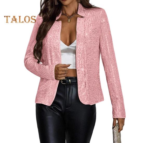 

Женский кардиган, пальто с воротником-стойкой, короткий, с длинными рукавами, однотонная куртка с пайетками для клуба, вечеринки, выпускного, облегающая верхняя одежда для поездок на работу 2XL розовый