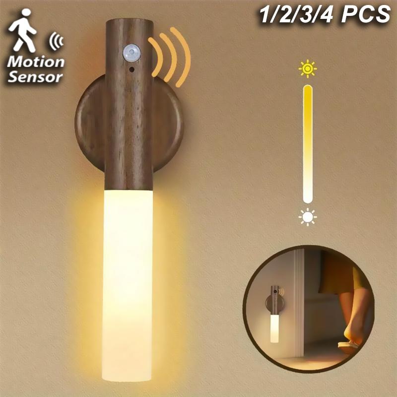 1/2/3/4PCS LED Night Light Wood Grain Wall Lights Motion Sensor Lamp Rechargeable Magnetic for Bedroom Bedside Stairs Hallway
