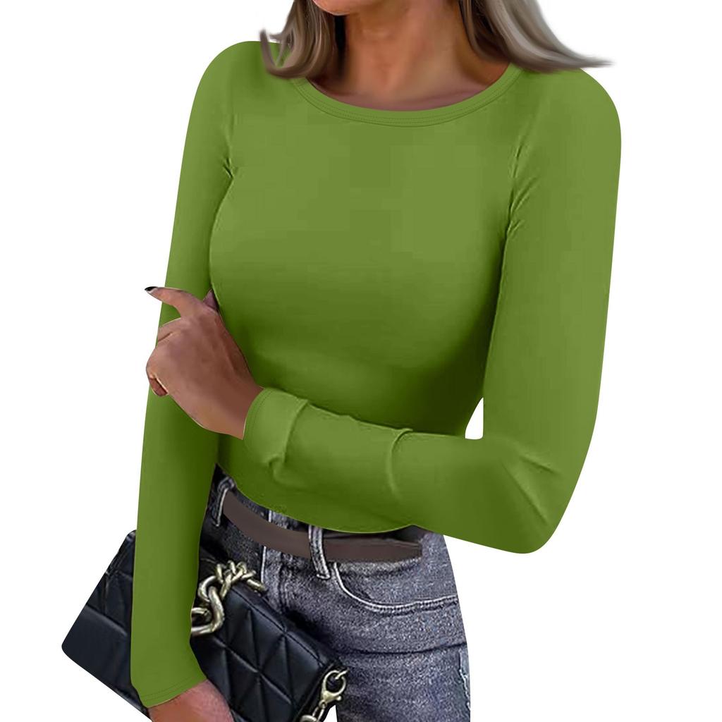 Women's  And Winter Slim Bottom T-shirt Fashion Casual Solid Color V-Neck Pullover Long Sleeve Top