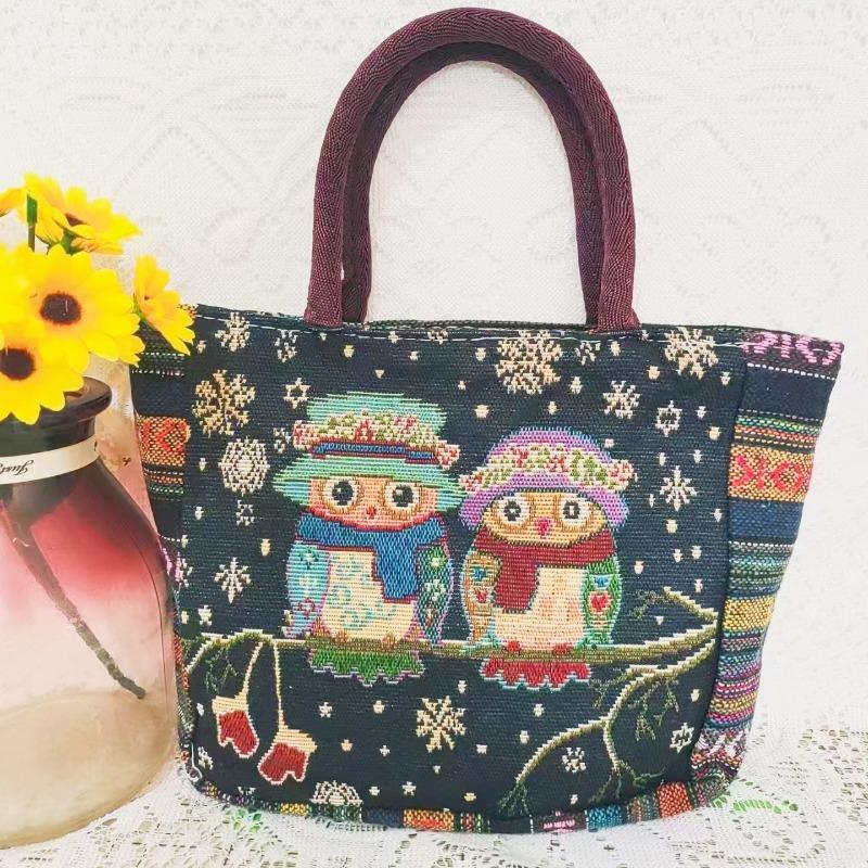 Canvas bag, women's large-capacity double-sided embroidered animal handbag, mommy bag, go shopping, handbag