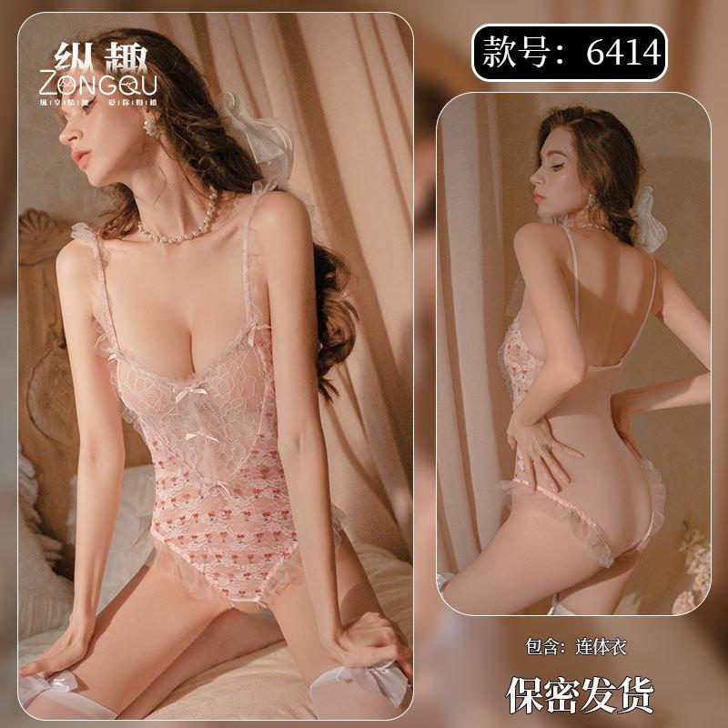 Sexy Lingerie Sexy Lace Perspective Onesie Hot Open Hollow Female Sweet Passion Suit 6414
